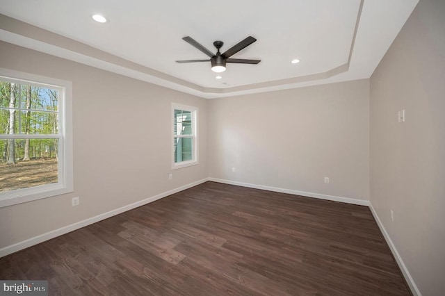 112 Edgehill Dr, Locust Grove, VA 22508 - unfurnished room featuring a raised ceiling, ceiling fan, dark wood-style floors, and recessed lighting