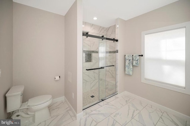 112 Edgehill Dr, Locust Grove, VA 22508 - bathroom with marble look tile flooring, a stall shower, and recessed lighting