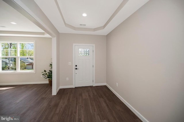 112 Edgehill Dr, Locust Grove, VA 22508 - entryway with a tray ceiling, dark wood finished floors, and recessed lighting