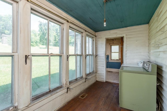 253 Church St, Timberville, VA 22853 - unfurnished sunroom with washer and clothes dryer, hardwood / wood-style flooring, wooden ceiling, and wooden walls