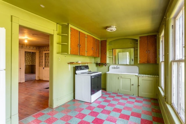 253 Church St, Timberville, VA 22853 - kitchen featuring light floors, white electric stove, and open shelves