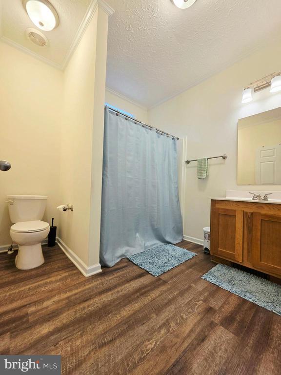 14511 Antler Rd, Fredericksburg, VA 22407 - bathroom with wood finished floors, toilet, baseboards, crown molding, and a textured ceiling
