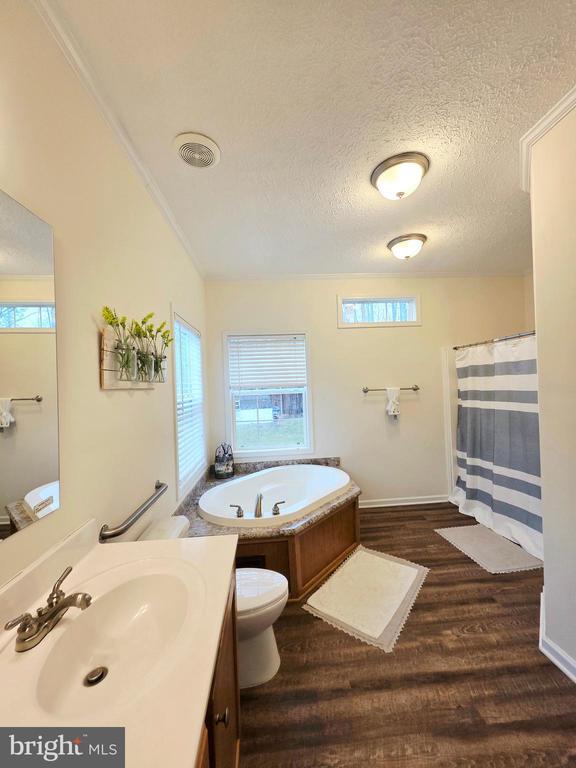 14511 Antler Rd, Fredericksburg, VA 22407 - bathroom with wood finished floors, vanity, toilet, a bath, and a textured ceiling