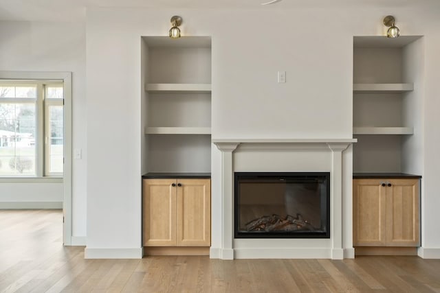 135 Radnor Ct, Rockingham, VA 22801 - unfurnished living room featuring baseboards, light wood-style floors, a glass covered fireplace, and built in features