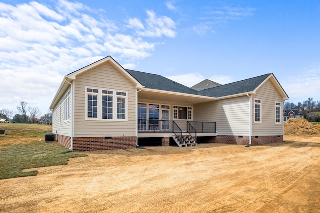 135 Radnor Ct, Rockingham, VA 22801 - back of property with central AC, a wooden deck, roof with shingles, and crawl space