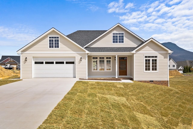 135 Radnor Ct, Rockingham, VA 22801 - craftsman house featuring covered porch, roof with shingles, crawl space, concrete driveway, and a front lawn