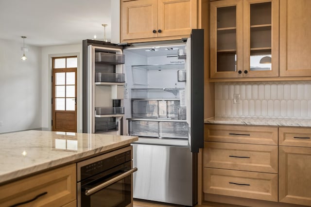135 Radnor Ct, Rockingham, VA 22801 - kitchen with oven, light stone counters, refrigerator with glass door, decorative backsplash, and glass insert cabinets