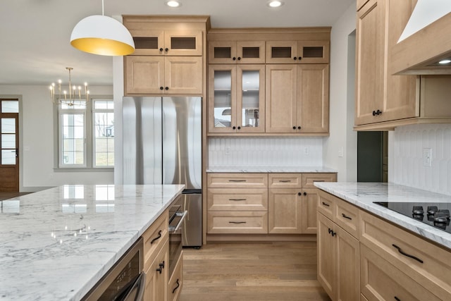 135 Radnor Ct, Rockingham, VA 22801 - kitchen featuring freestanding refrigerator, light brown cabinets, light wood-style flooring, recessed lighting, and wall chimney range hood