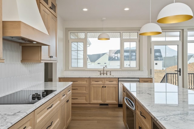 135 Radnor Ct, Rockingham, VA 22801 - kitchen with a healthy amount of sunlight, premium range hood, black electric stovetop, and a sink