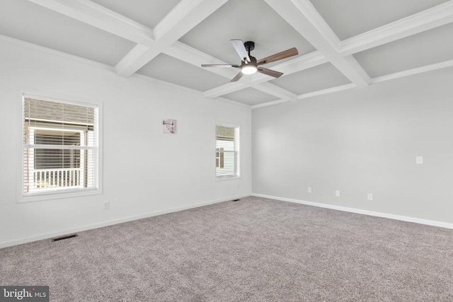 unfurnished room with visible vents, coffered ceiling, baseboards, and carpet floors