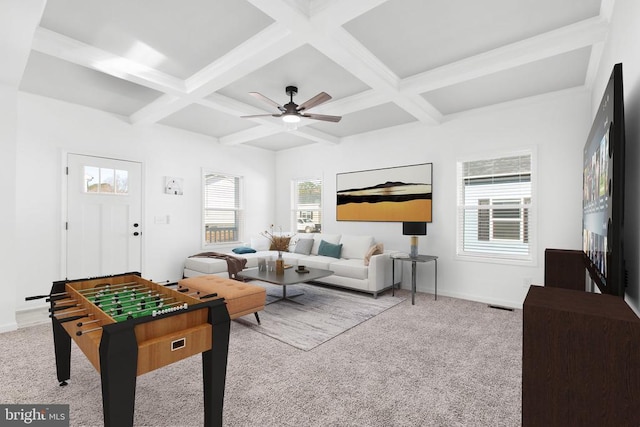 carpeted living room featuring visible vents, baseboards, coffered ceiling, and beamed ceiling