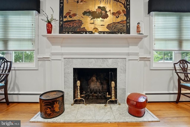 detailed view of a baseboard heating unit, a fireplace, and wood finished floors