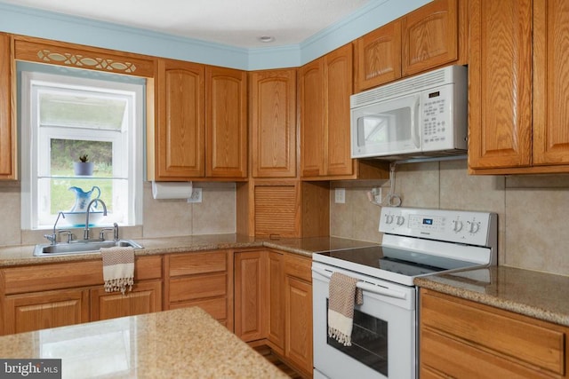 531 Parkview Estates Rd, Luray, VA 22835 - kitchen with white appliances, a sink, decorative backsplash, brown cabinetry, and crown molding