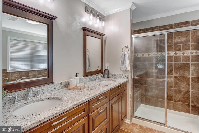 11211 Spring Meadow Blvd, Fredericksburg, VA 22407 - full bath featuring double vanity, a stall shower, crown molding, and tile patterned floors