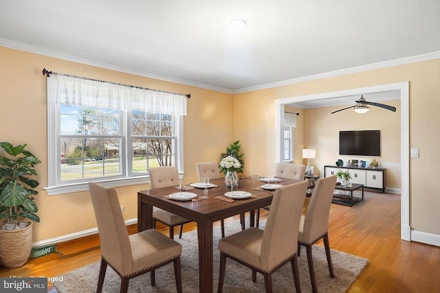 148 Red Hill Rd, Orange, VA 22960 - dining room with a ceiling fan, ornamental molding, wood finished floors, and baseboards