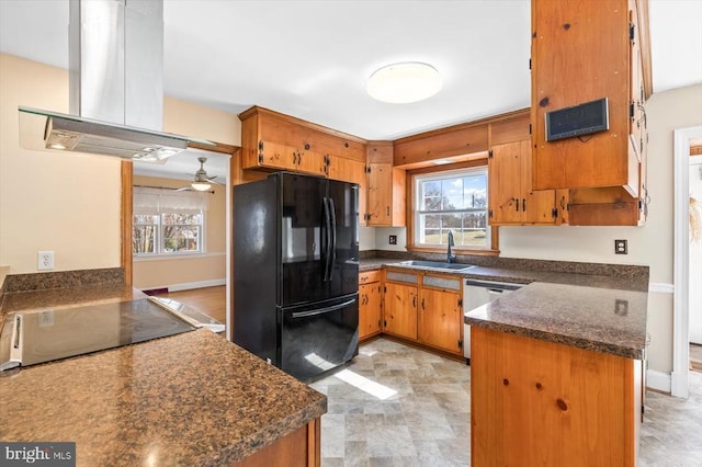 148 Red Hill Rd, Orange, VA 22960 - kitchen with black appliances, a sink, island range hood, and dark countertops