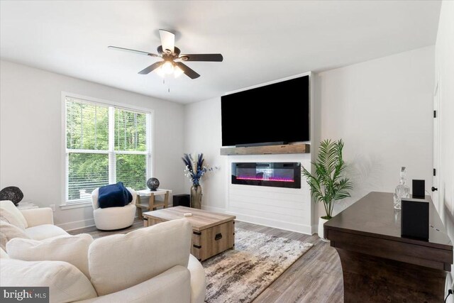 5509 Bazzanella Dr, Mineral, VA 23117 - living area featuring wood finished floors, a glass covered fireplace, and ceiling fan