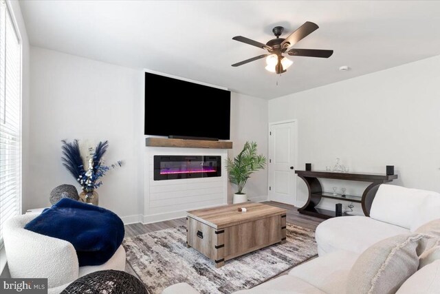 5509 Bazzanella Dr, Mineral, VA 23117 - living room with a glass covered fireplace, ceiling fan, wood finished floors, and plenty of natural light