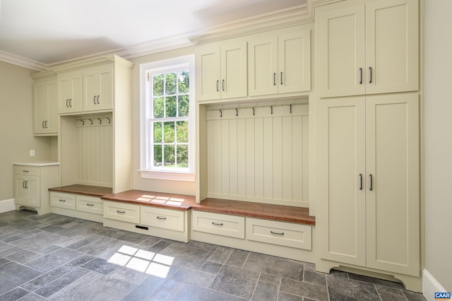 2621 Coopers Ln, Charlottesville, VA 22902 - mudroom with stone tile floors, crown molding, and baseboards