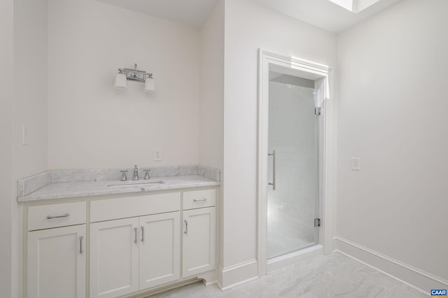 2621 Coopers Ln, Charlottesville, VA 22902 - full bathroom with a stall shower, baseboards, marble look tiles, and vanity