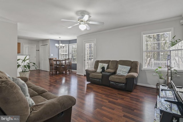 8802 Dundee Dr, Fredericksburg, VA 22408 - living area with a chandelier, ceiling fan, baseboards, wood finished floors, and ornamental molding