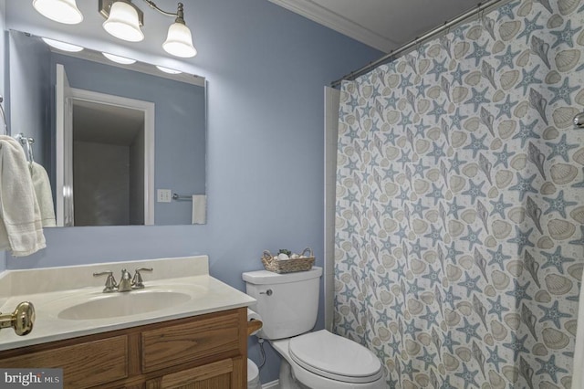 8802 Dundee Dr, Fredericksburg, VA 22408 - bathroom with toilet, vanity, ornamental molding, and a shower with curtain
