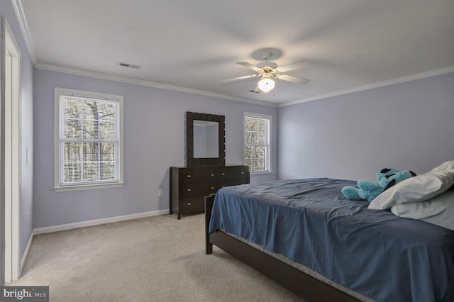 8802 Dundee Dr, Fredericksburg, VA 22408 - bedroom featuring ornamental molding, baseboards, light colored carpet, and ceiling fan