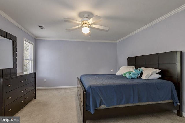 8802 Dundee Dr, Fredericksburg, VA 22408 - bedroom featuring light carpet, ornamental molding, baseboards, and a ceiling fan