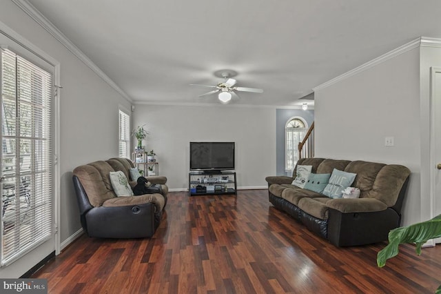 8802 Dundee Dr, Fredericksburg, VA 22408 - living room featuring wood finished floors, ornamental molding, a ceiling fan, baseboards, and stairs