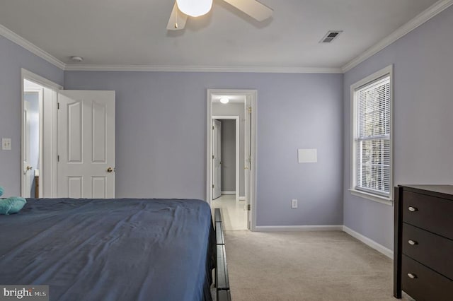 8802 Dundee Dr, Fredericksburg, VA 22408 - bedroom with ornamental molding, light carpet, baseboards, and a ceiling fan