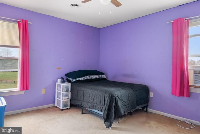 14026 Eggbornsville Rd, Culpeper, VA 22701 - bedroom with a ceiling fan, baseboards, cooling unit, carpet flooring, and visible vents