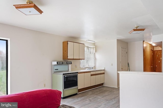 14026 Eggbornsville Rd, Culpeper, VA 22701 - kitchen with white electric stove, a wealth of natural light, light wood-style floors, and light countertops