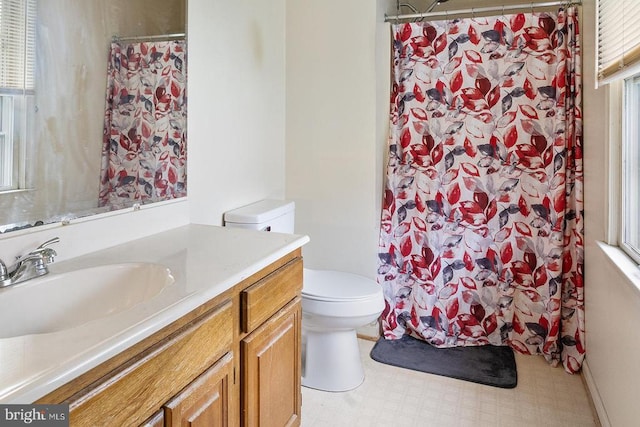 14026 Eggbornsville Rd, Culpeper, VA 22701 - bathroom with tile patterned floors, toilet, vanity, and a shower with curtain