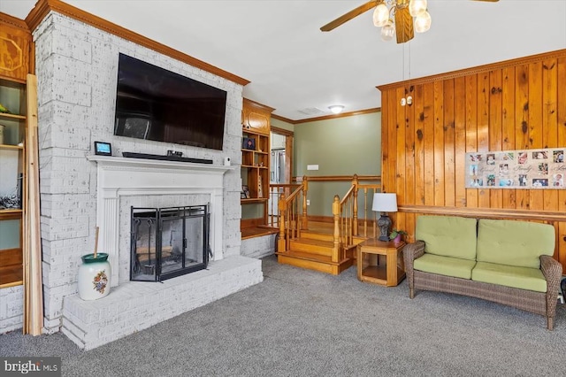 436 Castleton View Rd, Castleton, VA 22716 - living room with carpet flooring, a ceiling fan, stairway, a brick fireplace, and ornamental molding