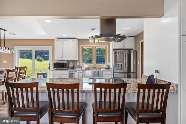 436 Castleton View Rd, Castleton, VA 22716 - kitchen featuring stainless steel appliances, white cabinetry, light stone counters, pendant lighting, and recessed lighting
