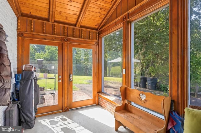 436 Castleton View Rd, Castleton, VA 22716 - sunroom / solarium with french doors, wooden ceiling, vaulted ceiling, unfinished concrete flooring, and plenty of natural light