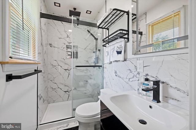 436 Castleton View Rd, Castleton, VA 22716 - full bathroom featuring a marble finish shower, vanity, and tile walls