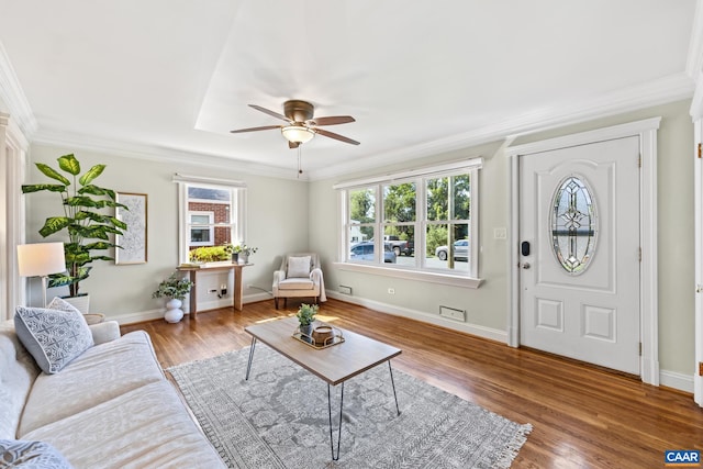 1211 River Vista Ave, Charlottesville, VA 22901 - living room with a ceiling fan, ornamental molding, and wood finished floors