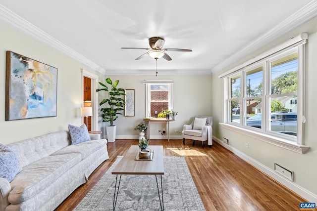 1211 River Vista Ave, Charlottesville, VA 22901 - living room featuring a ceiling fan, crown molding, and wood finished floors