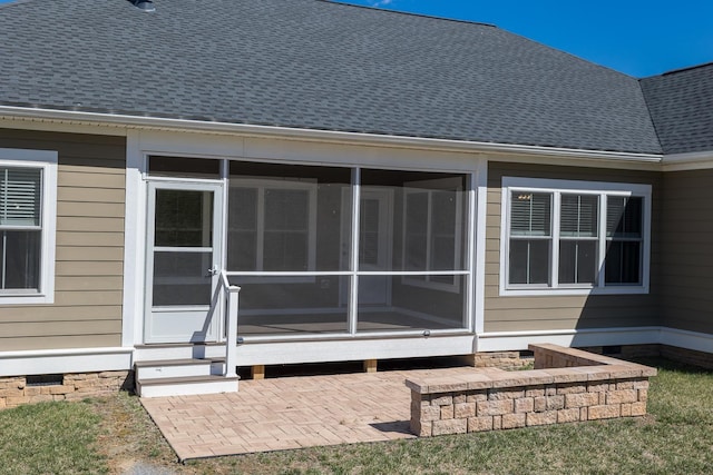 33 Silver Maple Cv, Fishersville, VA 22939 - back of house featuring crawl space, a sunroom, a patio area, entry steps, and a shingled roof