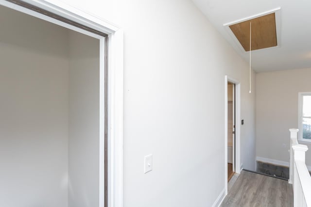 33 Silver Maple Cv, Fishersville, VA 22939 - hallway with attic access, an upstairs landing, light wood-style floors, and baseboards
