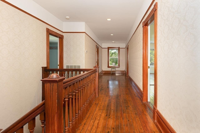 557 Wayne Ave S, Waynesboro, VA 22980 - hall featuring wallpapered walls, hardwood / wood-style floors, an upstairs landing, and recessed lighting