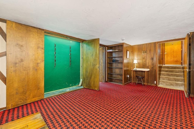 188 Middlebrook Rd, Staunton, VA 24401 - carpeted spare room featuring stairs, wooden walls, baseboards, built in shelves, and a textured ceiling
