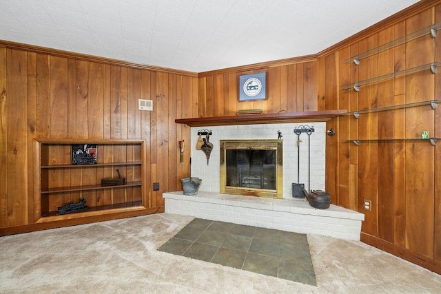 188 Middlebrook Rd, Staunton, VA 24401 - living area featuring carpet, wooden walls, and a fireplace