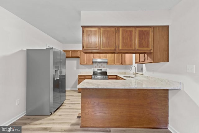 447 Laurel Ave, Fredericksburg, VA 22408 - kitchen featuring stainless steel appliances, a peninsula, a sink, under cabinet range hood, and brown cabinetry