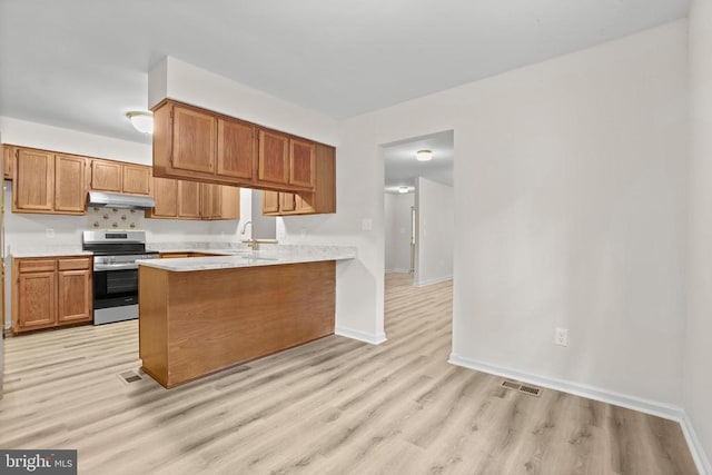 447 Laurel Ave, Fredericksburg, VA 22408 - kitchen featuring stainless steel range with electric cooktop, under cabinet range hood, a peninsula, light countertops, and light wood finished floors