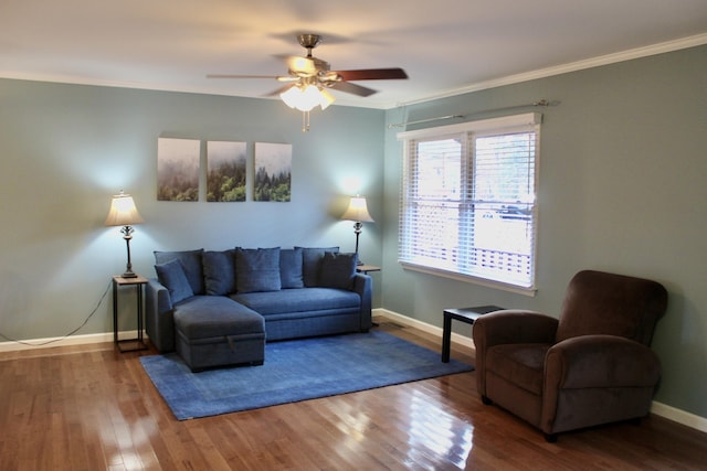 206 Pleasant Ln, Mcgaheysville, VA 22840 - living room featuring baseboards, wood finished floors, crown molding, and a ceiling fan