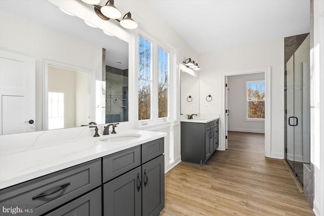 full bathroom with healthy amount of natural light, a stall shower, wood finished floors, and two vanities