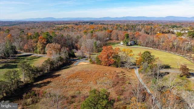 aerial overview of property's location featuring a forest and mountains
