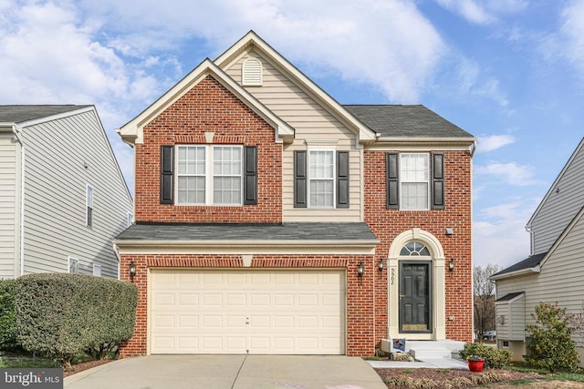 5502 Joshua Tree Cir, Fredericksburg, VA 22407 - view of front of house with concrete driveway, a shingled roof, brick siding, and an attached garage